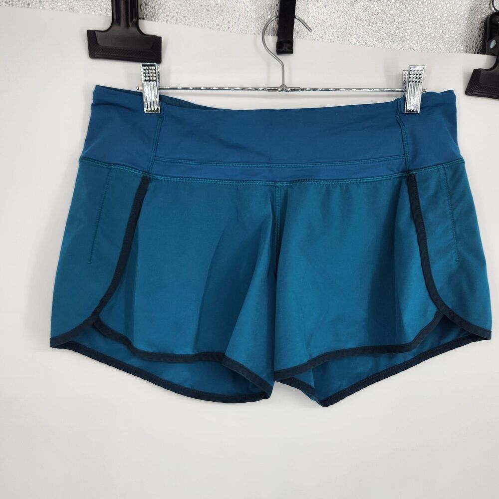 Lululemon Womens Shorts 8 Teal Run Times Tofino Teal Alberta Lake Stretch Logo